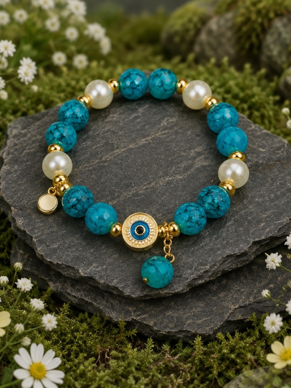 Turquoise Beaded Gold Evil Eye Stretch Bracelet - Women Jewelry 6-7 inches wide